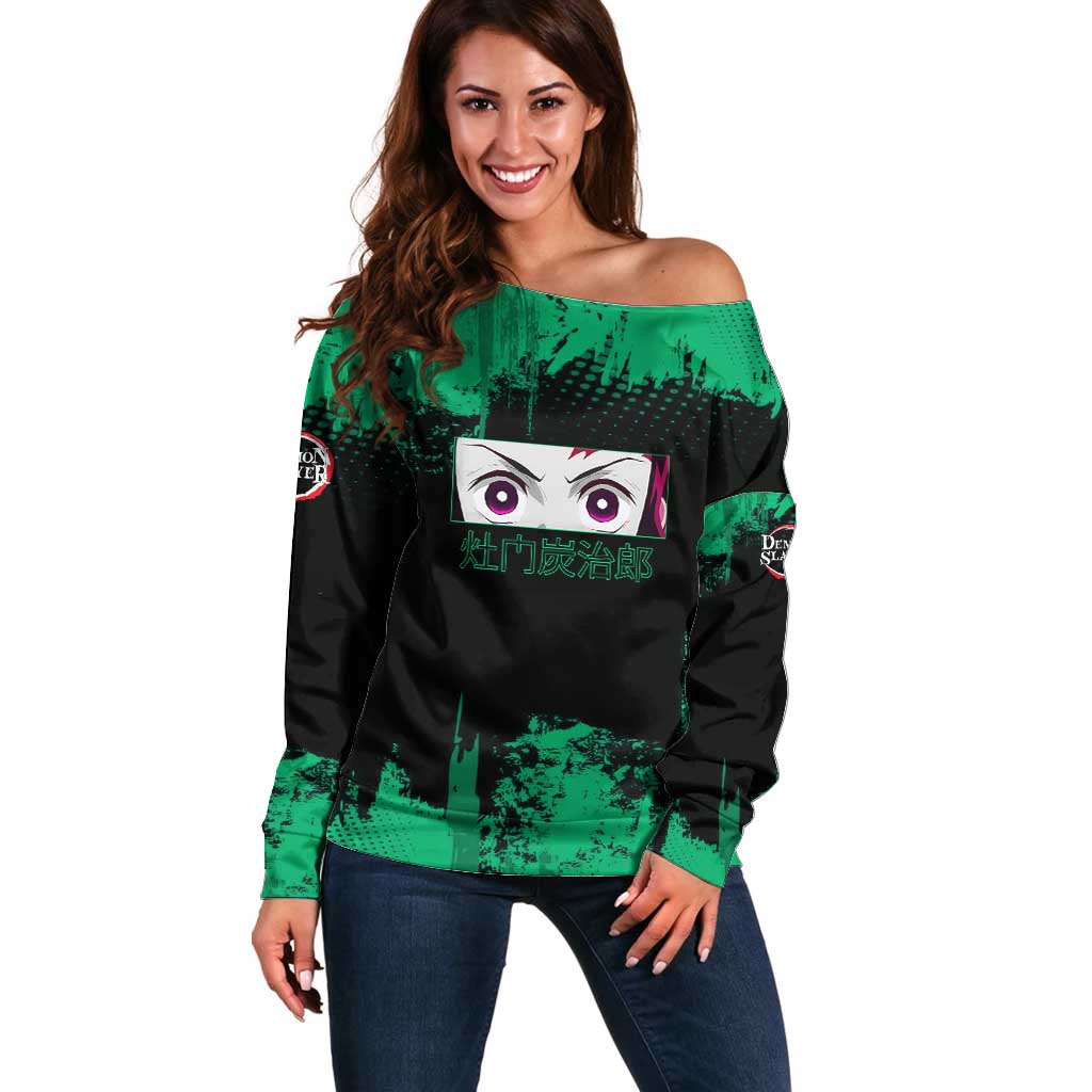 Tanjiro Kamado Demon Slayer Green Grunge Design Off Shoulder Sweater with Determined Eyes and Classic Checkered Haori - The Mazicc