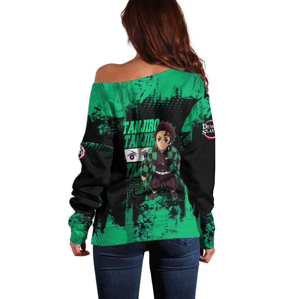 Tanjiro Kamado Demon Slayer Green Grunge Design Off Shoulder Sweater with Determined Eyes and Classic Checkered Haori - The Mazicc