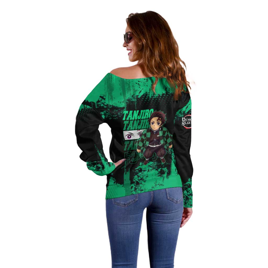 Tanjiro Kamado Demon Slayer Green Grunge Design Off Shoulder Sweater with Determined Eyes and Classic Checkered Haori - The Mazicc