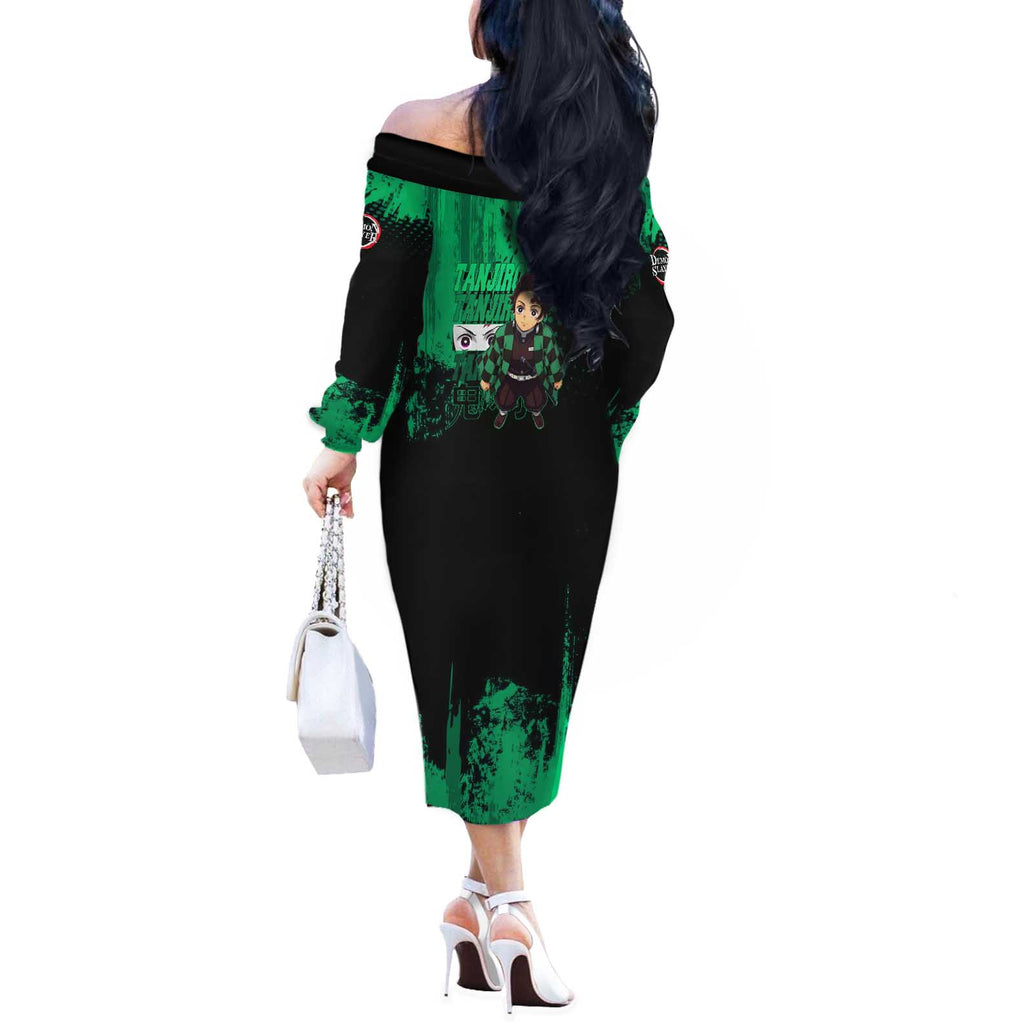 Tanjiro Kamado Demon Slayer Green Grunge Design Off The Shoulder Long Sleeve Dress with Determined Eyes and Classic Checkered Haori - The Mazicc