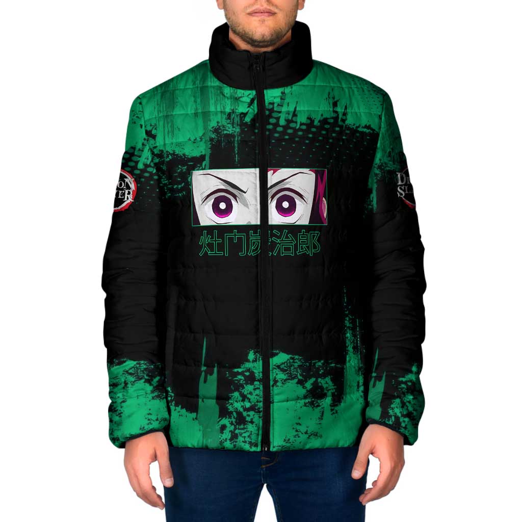 Tanjiro Kamado Demon Slayer Green Grunge Design Padded Jacket with Determined Eyes and Classic Checkered Haori - The Mazicc