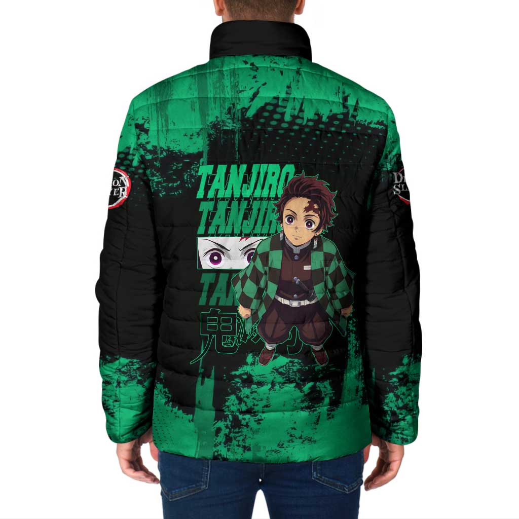 Tanjiro Kamado Demon Slayer Green Grunge Design Padded Jacket with Determined Eyes and Classic Checkered Haori - The Mazicc