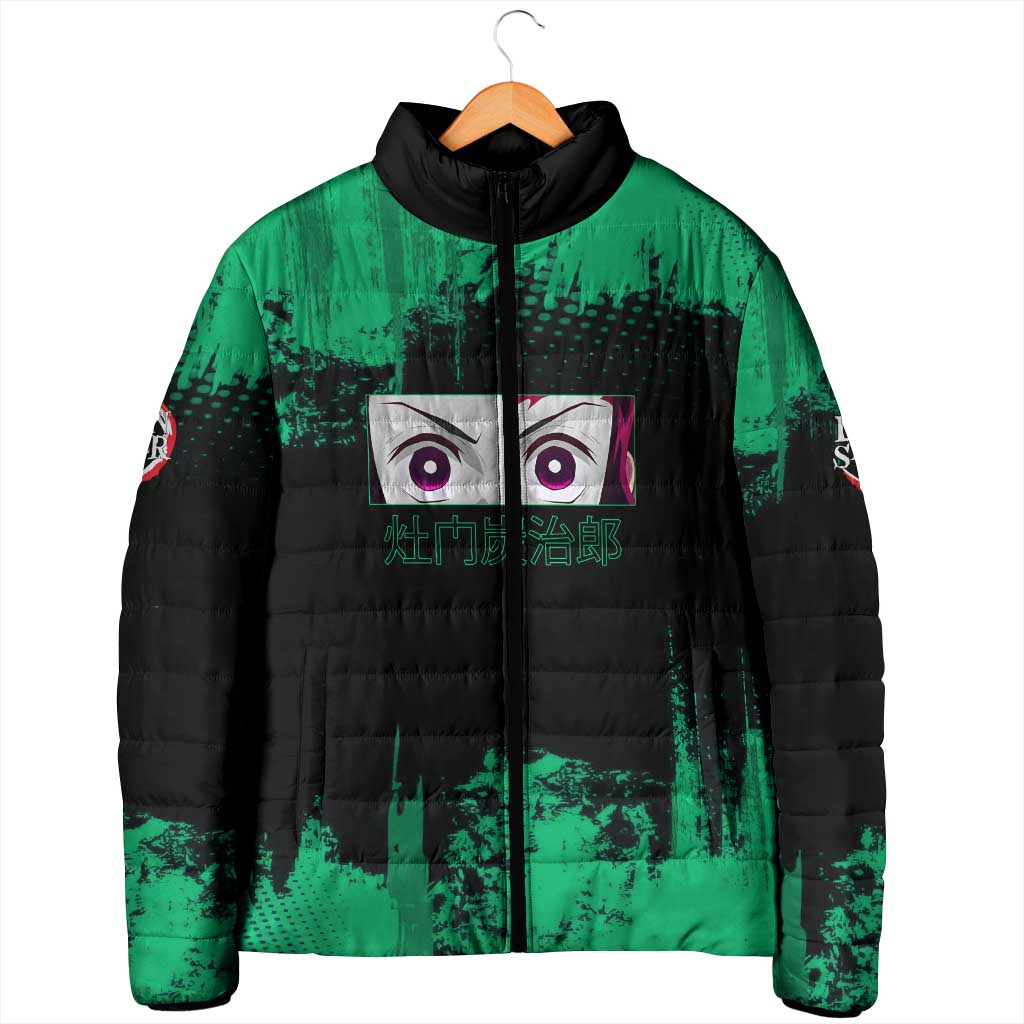 Tanjiro Kamado Demon Slayer Green Grunge Design Padded Jacket with Determined Eyes and Classic Checkered Haori - The Mazicc