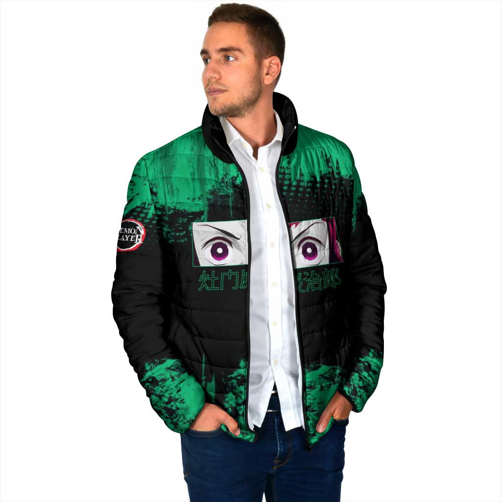 Tanjiro Kamado Demon Slayer Green Grunge Design Padded Jacket with Determined Eyes and Classic Checkered Haori - The Mazicc