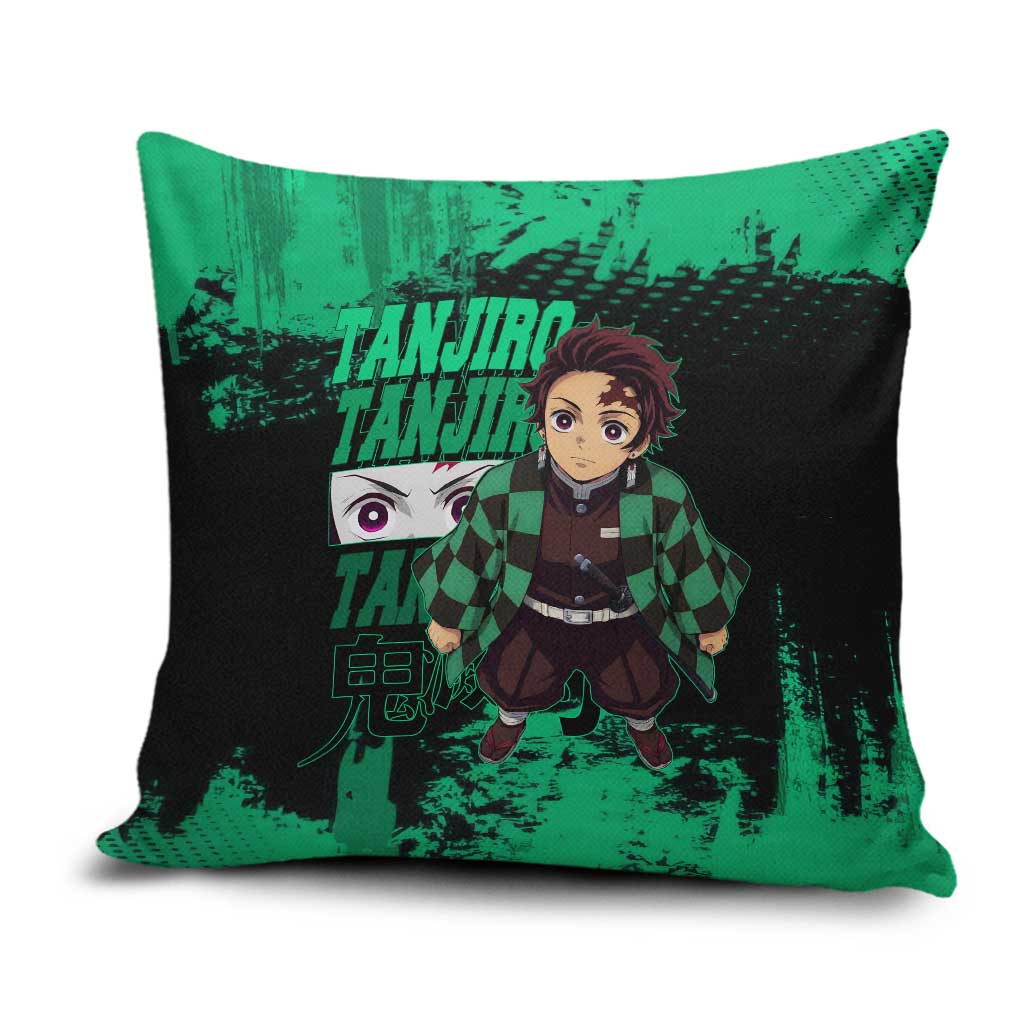 Tanjiro Kamado Demon Slayer Green Grunge Design Pillow Cover with Determined Eyes and Classic Checkered Haori - The Mazicc