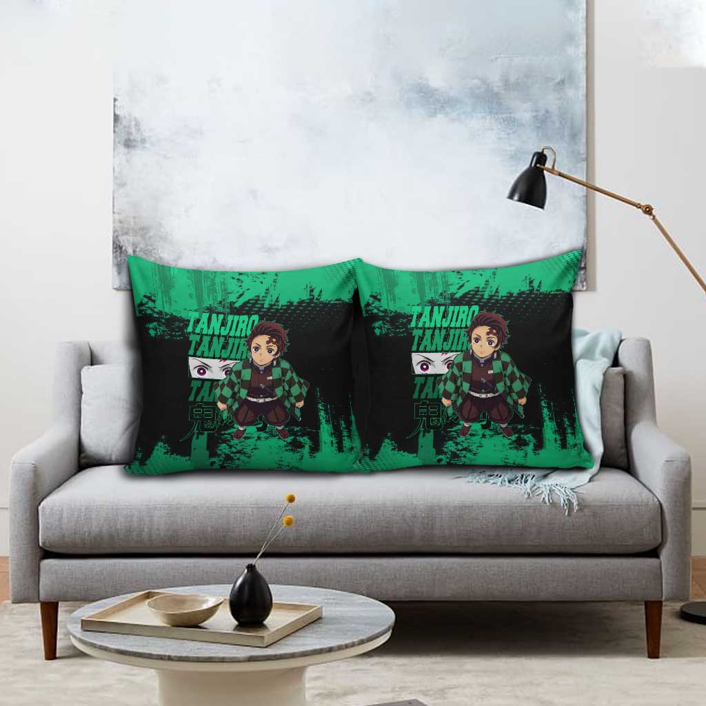 Tanjiro Kamado Demon Slayer Green Grunge Design Pillow Cover with Determined Eyes and Classic Checkered Haori - The Mazicc