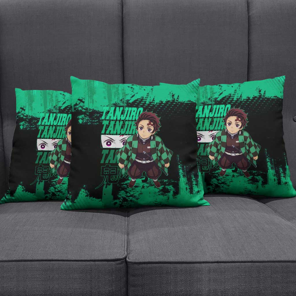 Tanjiro Kamado Demon Slayer Green Grunge Design Pillow Cover with Determined Eyes and Classic Checkered Haori - The Mazicc