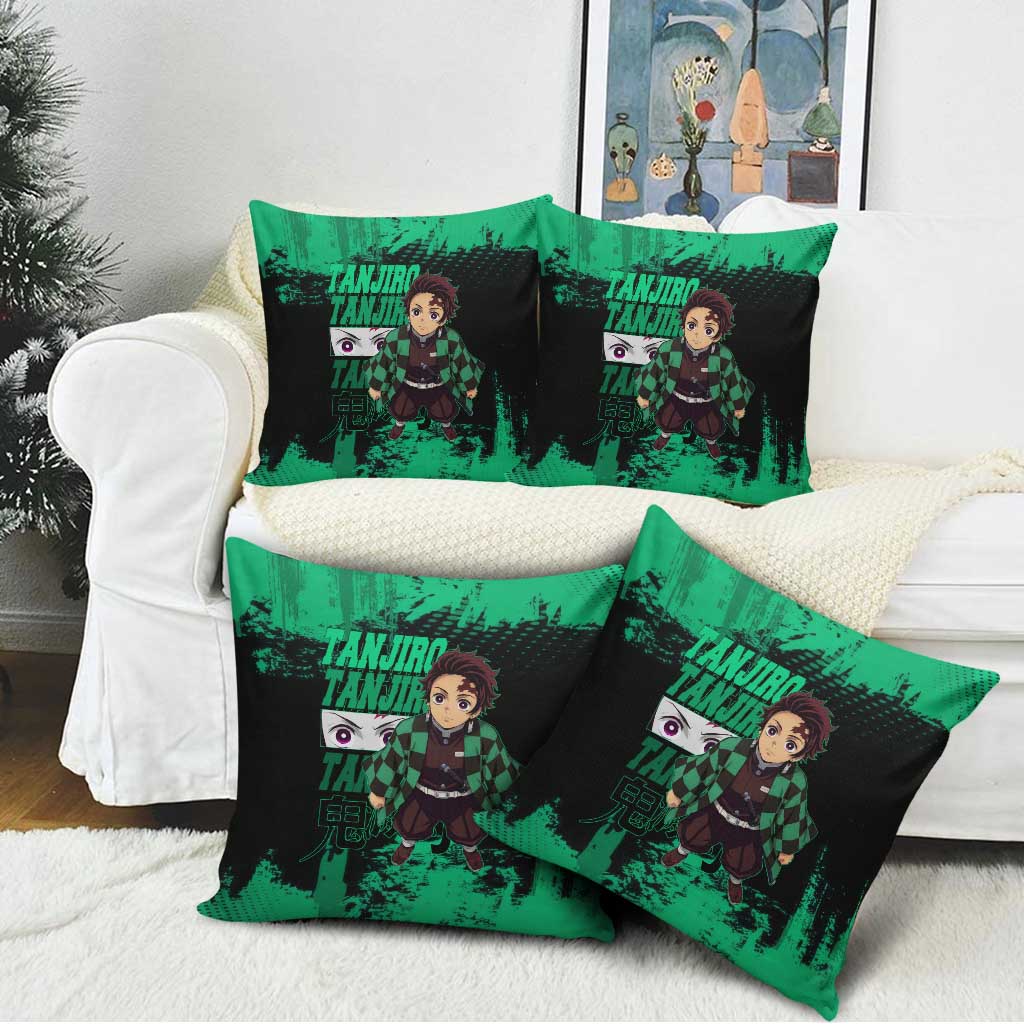 Tanjiro Kamado Demon Slayer Green Grunge Design Pillow Cover with Determined Eyes and Classic Checkered Haori - The Mazicc