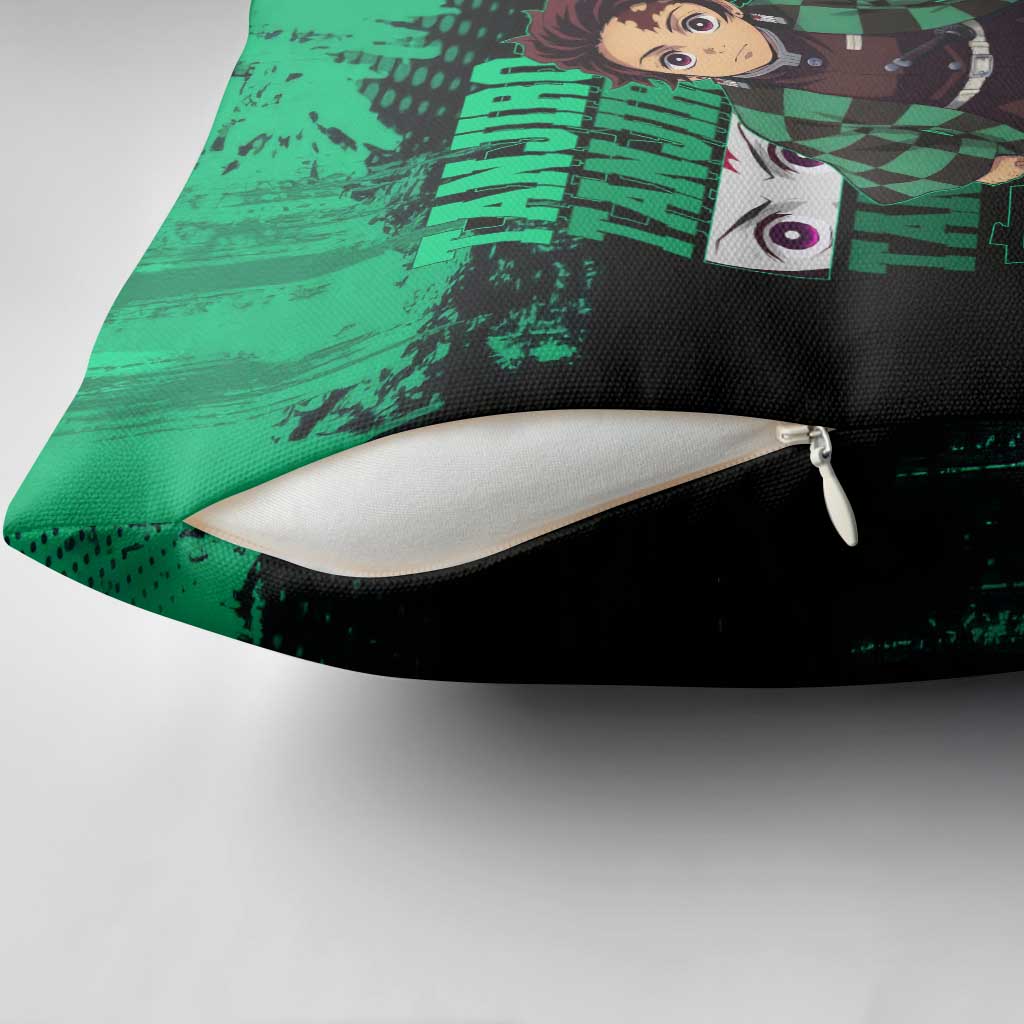 Tanjiro Kamado Demon Slayer Green Grunge Design Pillow Cover with Determined Eyes and Classic Checkered Haori - The Mazicc