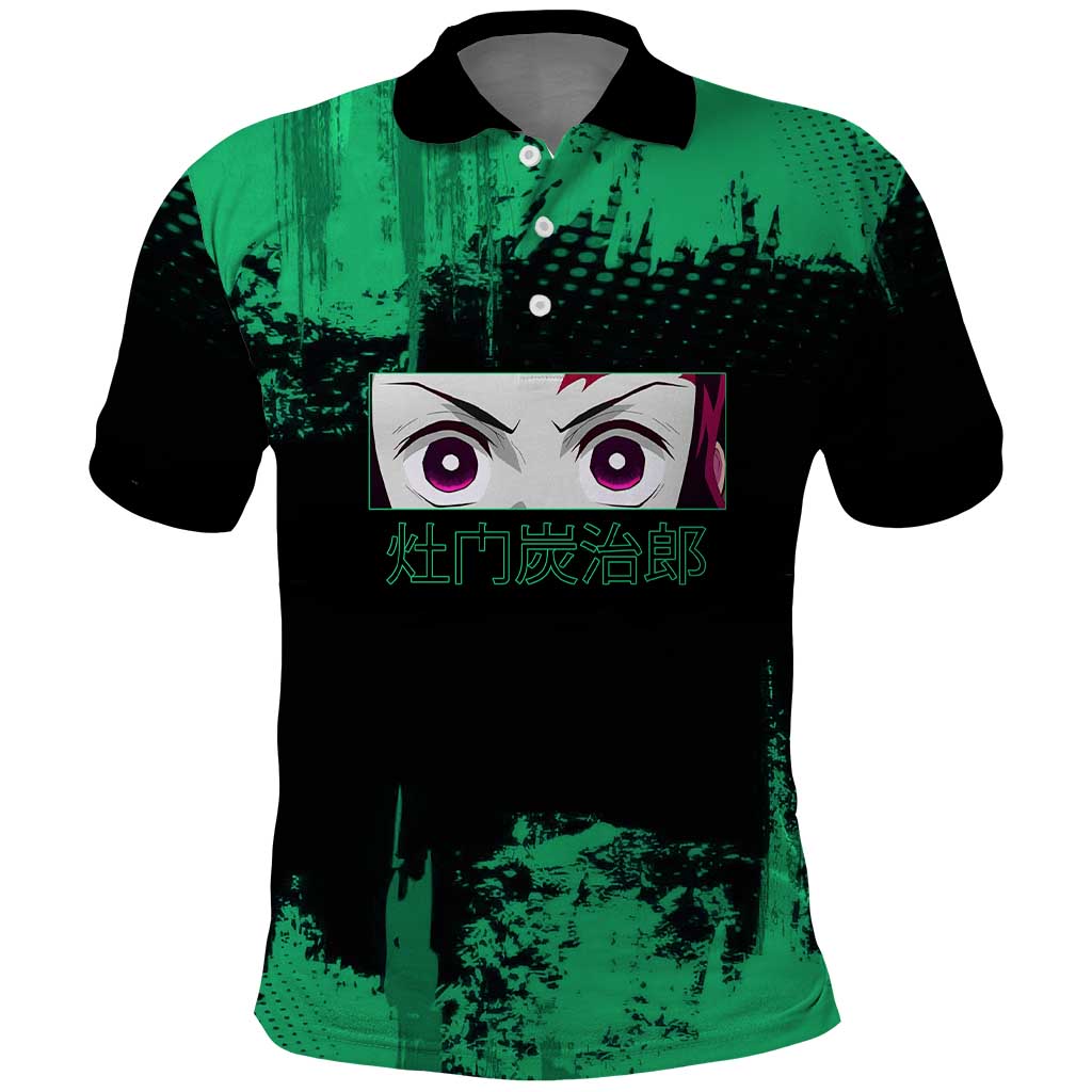 Tanjiro Kamado Demon Slayer Green Grunge Design Polo Shirt with Determined Eyes and Classic Checkered Haori - The Mazicc