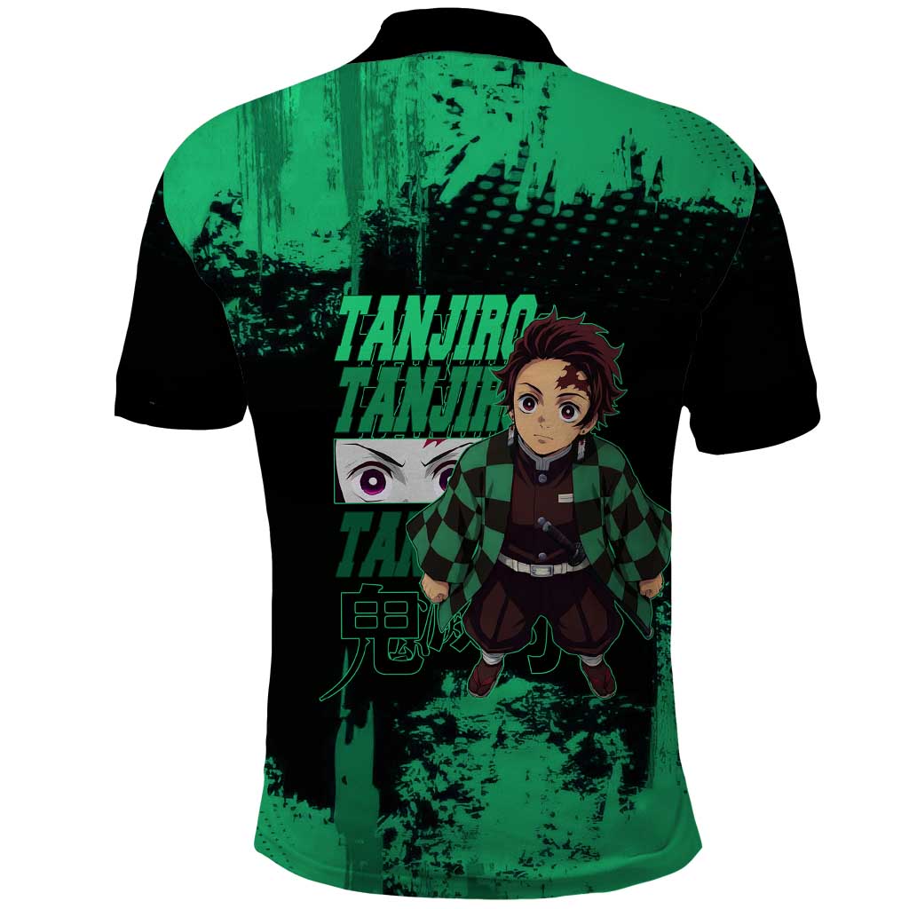 Tanjiro Kamado Demon Slayer Green Grunge Design Polo Shirt with Determined Eyes and Classic Checkered Haori - The Mazicc