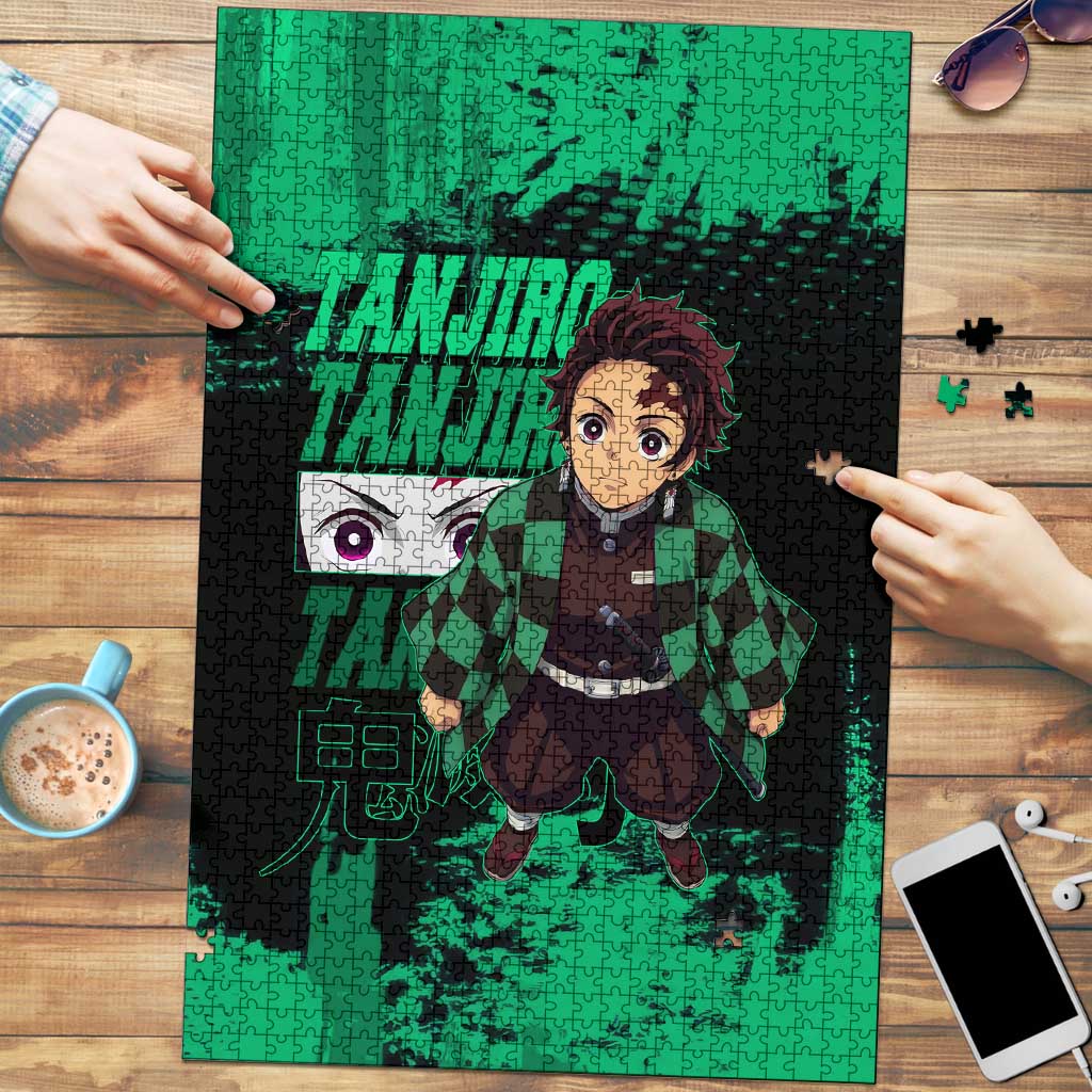 Tanjiro Kamado Demon Slayer Green Grunge Design Puzzle with Determined Eyes and Classic Checkered Haori - The Mazicc