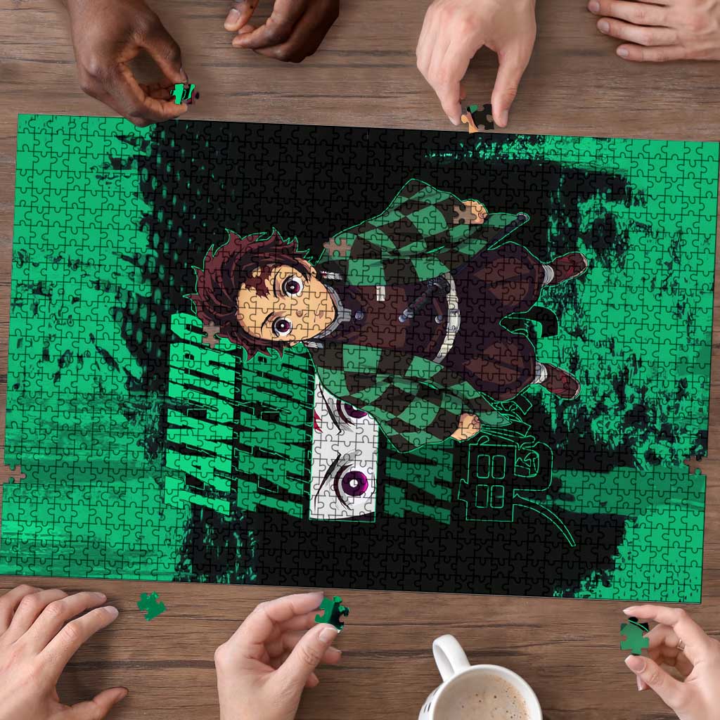 Tanjiro Kamado Demon Slayer Green Grunge Design Puzzle with Determined Eyes and Classic Checkered Haori - The Mazicc