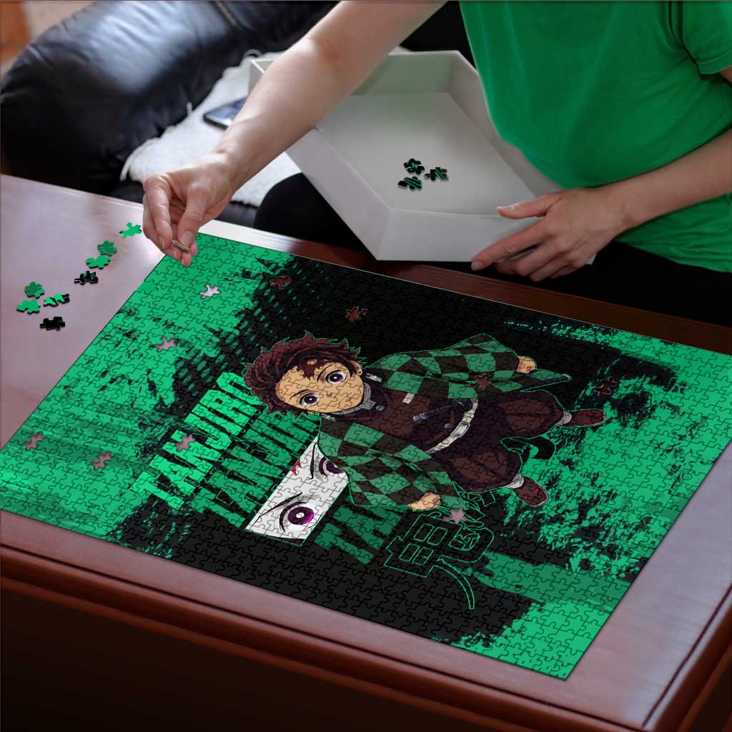 Tanjiro Kamado Demon Slayer Green Grunge Design Puzzle with Determined Eyes and Classic Checkered Haori - The Mazicc