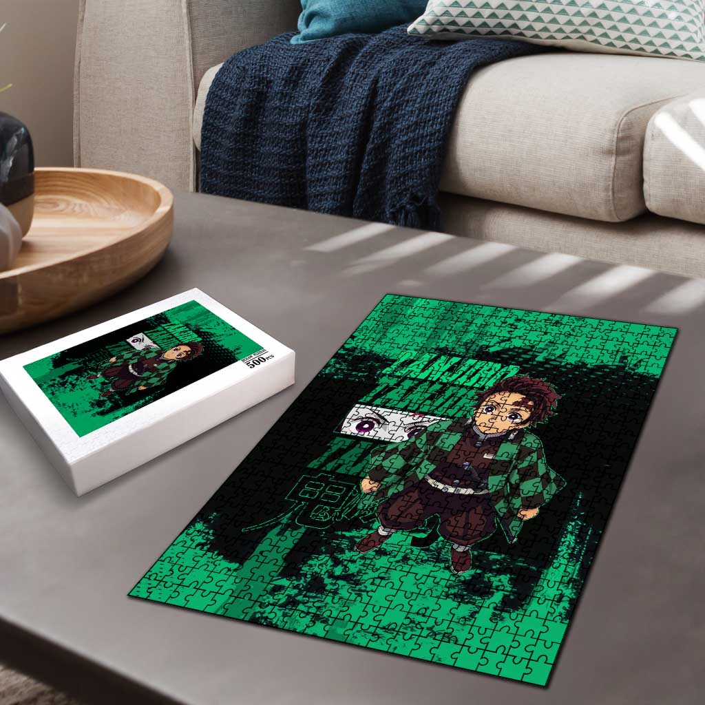 Tanjiro Kamado Demon Slayer Green Grunge Design Puzzle with Determined Eyes and Classic Checkered Haori - The Mazicc