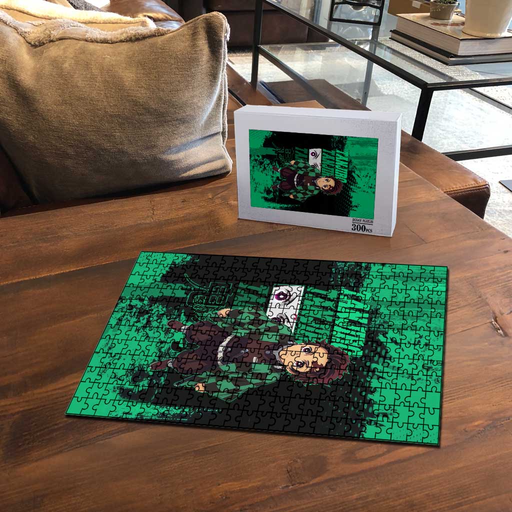 Tanjiro Kamado Demon Slayer Green Grunge Design Puzzle with Determined Eyes and Classic Checkered Haori - The Mazicc