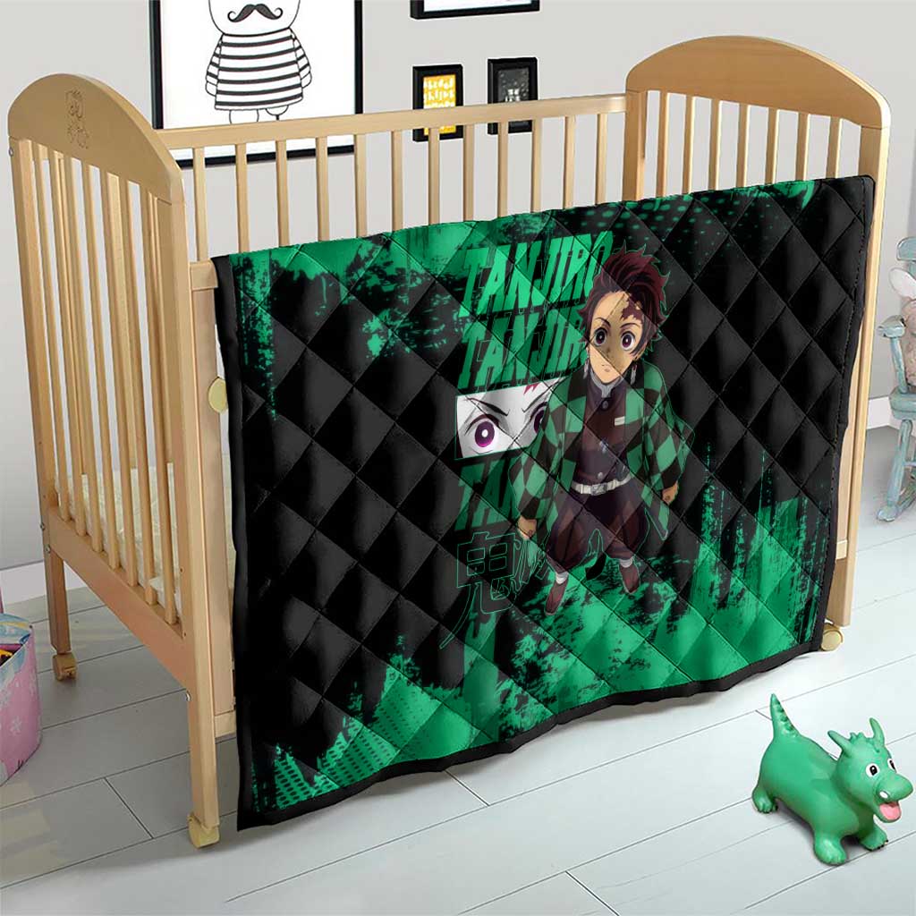 Tanjiro Kamado Demon Slayer Green Grunge Design Quilt with Determined Eyes and Classic Checkered Haori - The Mazicc