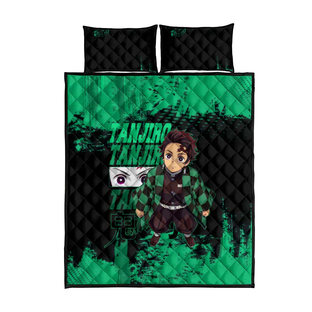 Tanjiro Kamado Demon Slayer Green Grunge Design Quilt Bed Set with Determined Eyes and Classic Checkered Haori - The Mazicc