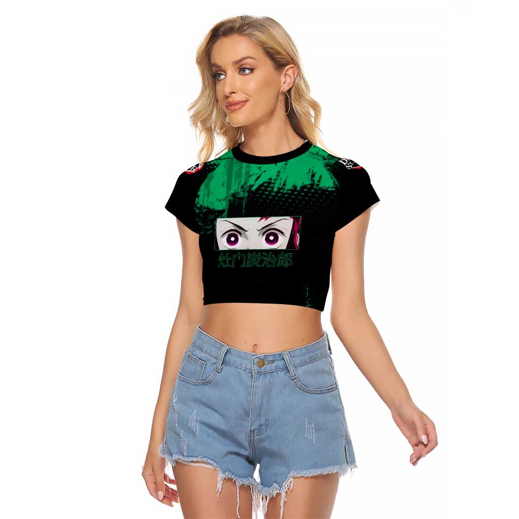Tanjiro Kamado Demon Slayer Green Grunge Design Raglan Cropped T Shirt with Determined Eyes and Classic Checkered Haori - The Mazicc