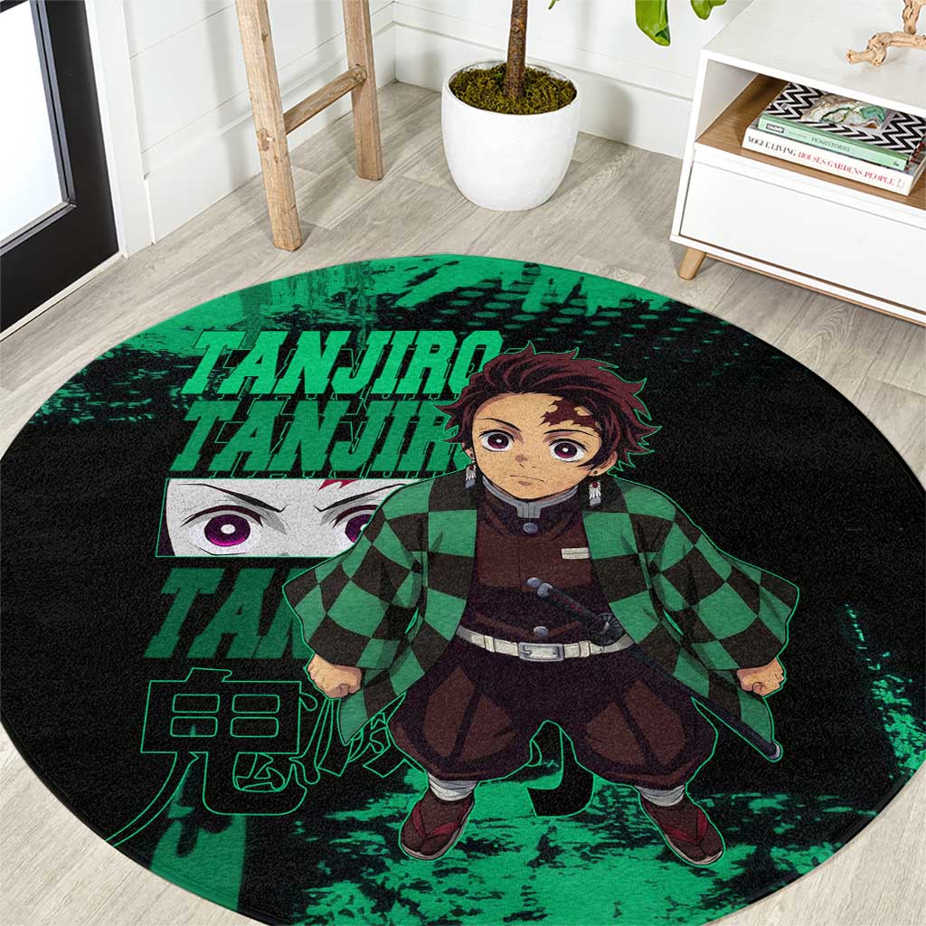 Tanjiro Kamado Demon Slayer Green Grunge Design Round Carpet with Determined Eyes and Classic Checkered Haori - The Mazicc