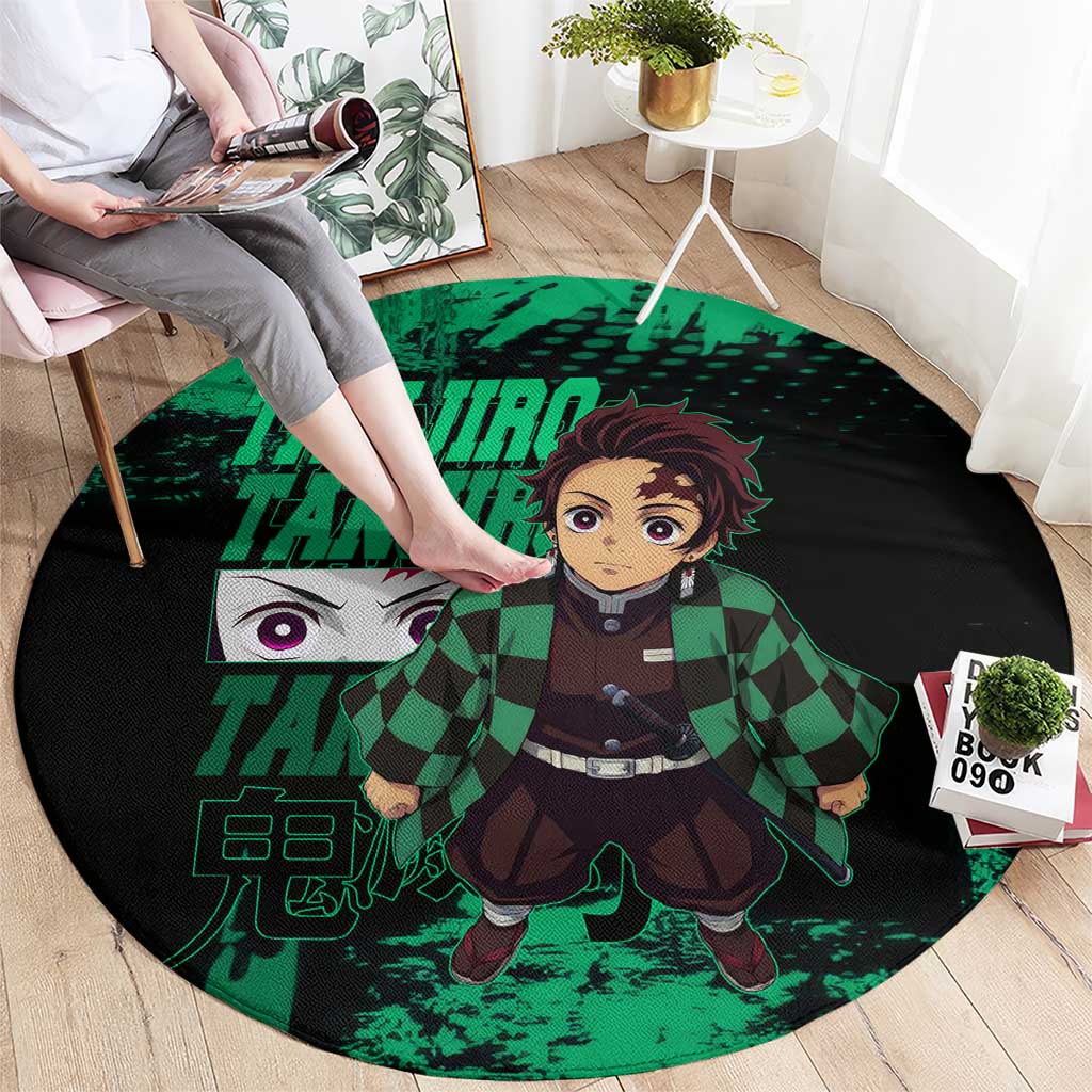 Tanjiro Kamado Demon Slayer Green Grunge Design Round Carpet with Determined Eyes and Classic Checkered Haori - The Mazicc