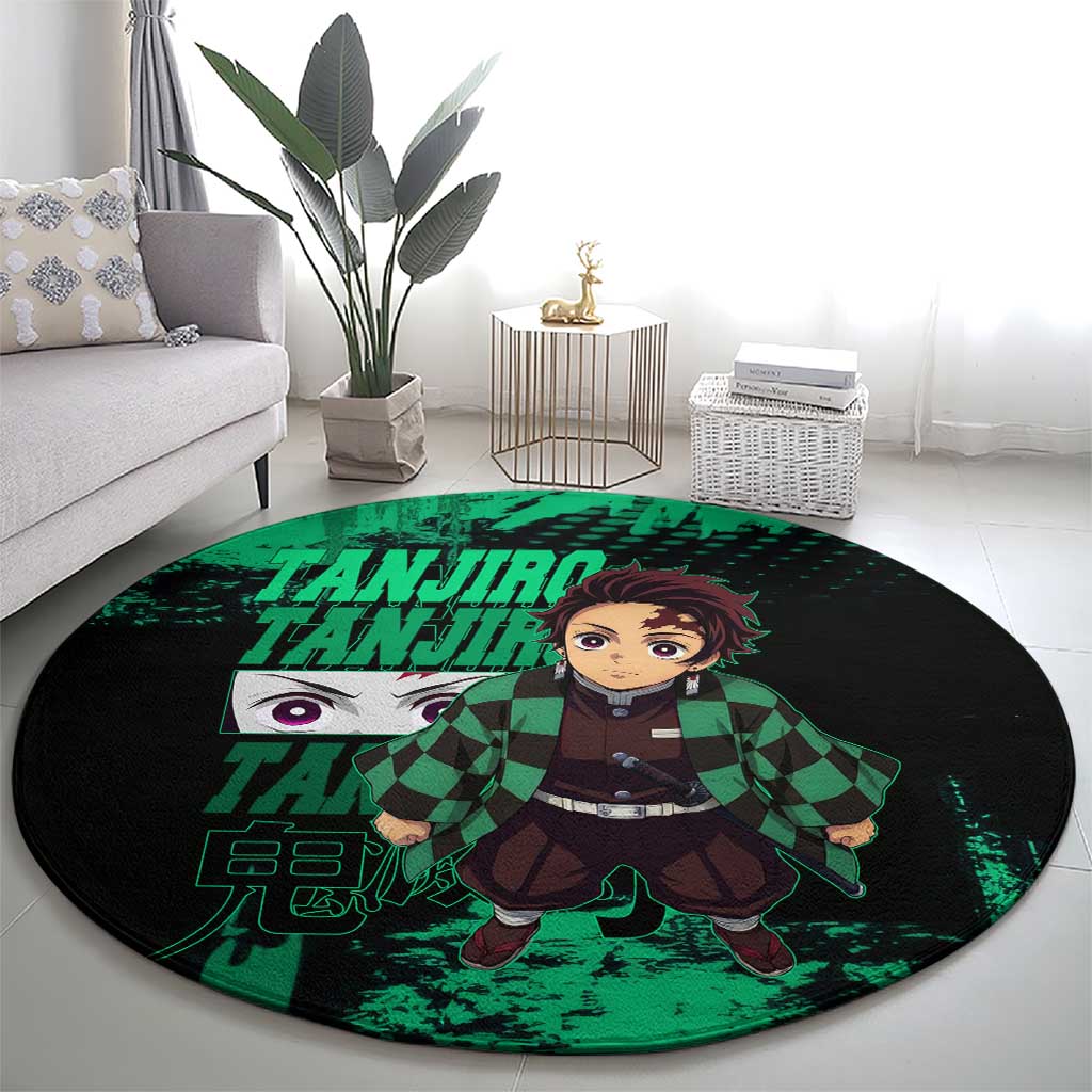 Tanjiro Kamado Demon Slayer Green Grunge Design Round Carpet with Determined Eyes and Classic Checkered Haori - The Mazicc
