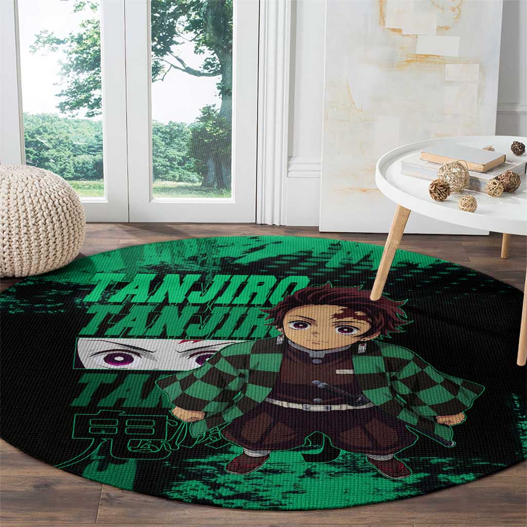Tanjiro Kamado Demon Slayer Green Grunge Design Round Carpet with Determined Eyes and Classic Checkered Haori - The Mazicc