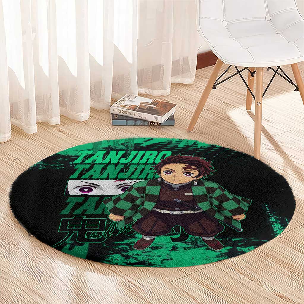 Tanjiro Kamado Demon Slayer Green Grunge Design Round Carpet with Determined Eyes and Classic Checkered Haori - The Mazicc