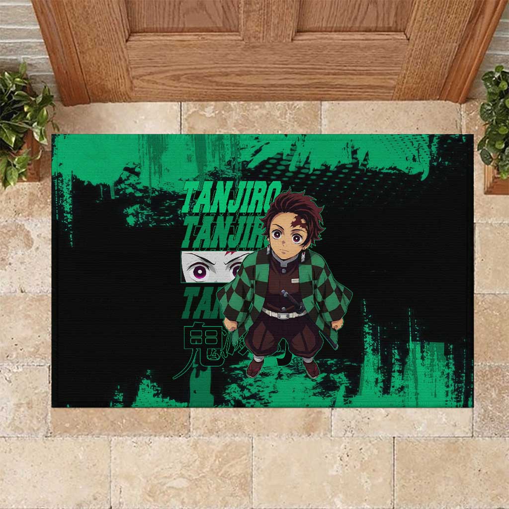 Tanjiro Kamado Demon Slayer Green Grunge Design Rubber Doormat with Determined Eyes and Classic Checkered Haori - The Mazicc