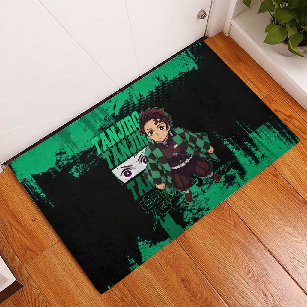 Tanjiro Kamado Demon Slayer Green Grunge Design Rubber Doormat with Determined Eyes and Classic Checkered Haori - The Mazicc