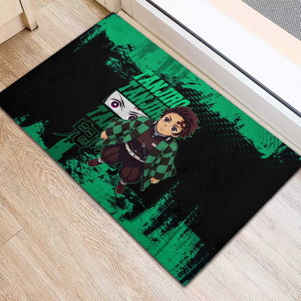 Tanjiro Kamado Demon Slayer Green Grunge Design Rubber Doormat with Determined Eyes and Classic Checkered Haori - The Mazicc