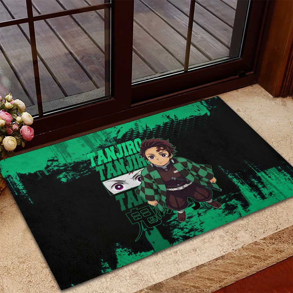 Tanjiro Kamado Demon Slayer Green Grunge Design Rubber Doormat with Determined Eyes and Classic Checkered Haori - The Mazicc