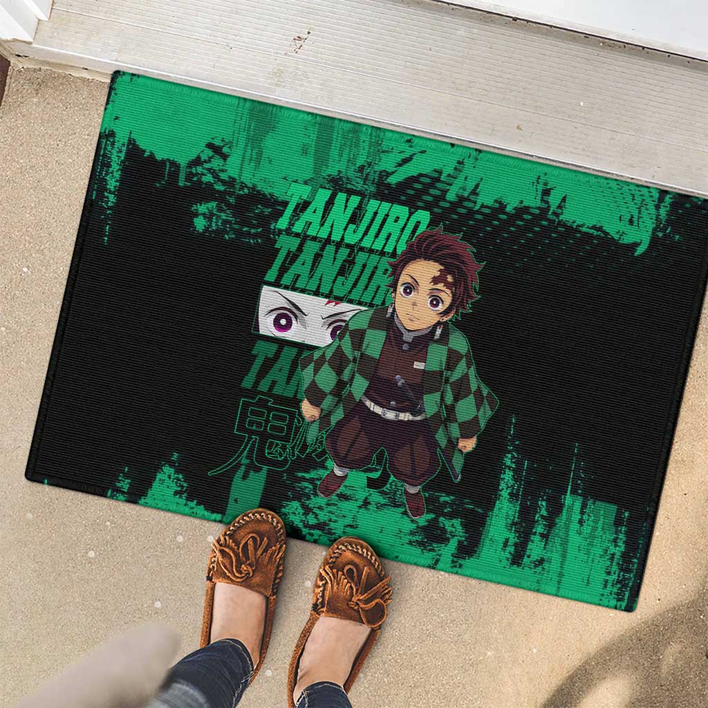 Tanjiro Kamado Demon Slayer Green Grunge Design Rubber Doormat with Determined Eyes and Classic Checkered Haori - The Mazicc