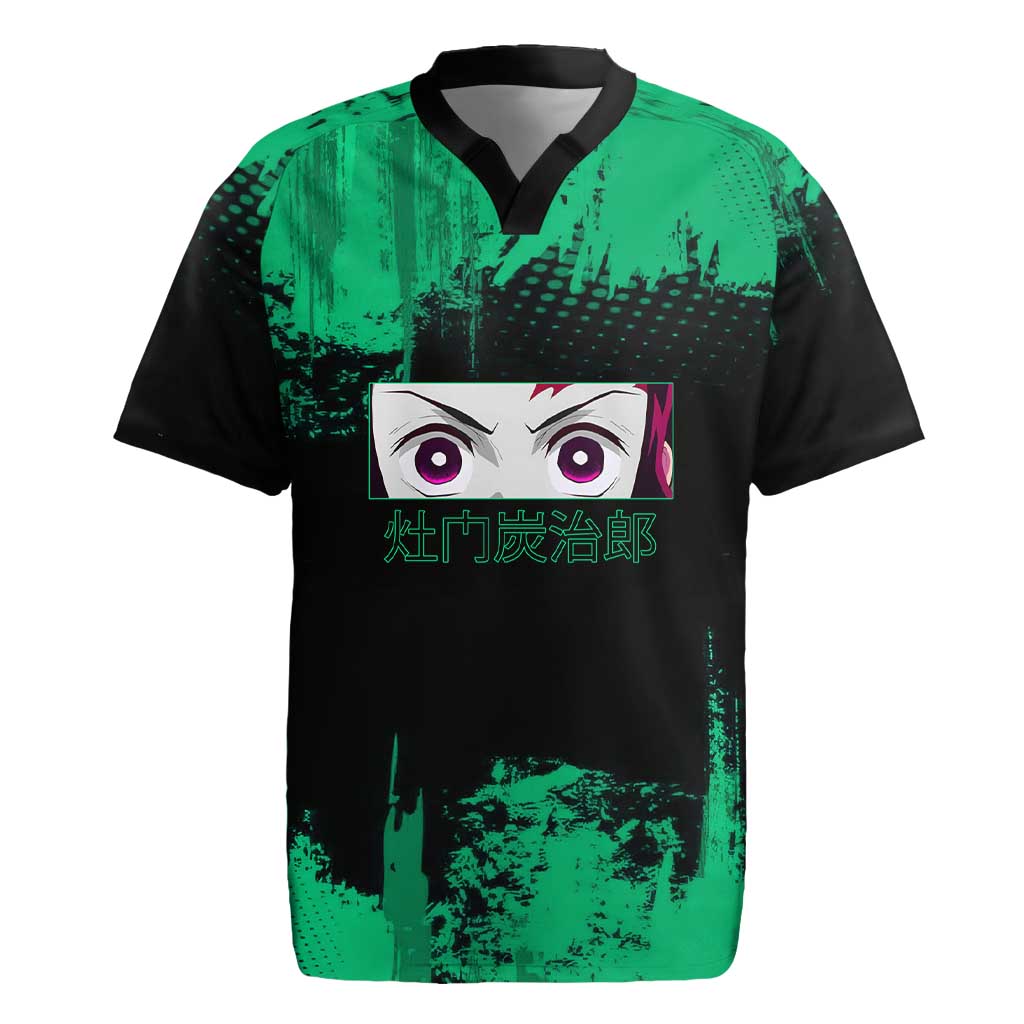 Tanjiro Kamado Demon Slayer Green Grunge Design Rugby Jersey with Determined Eyes and Classic Checkered Haori - The Mazicc