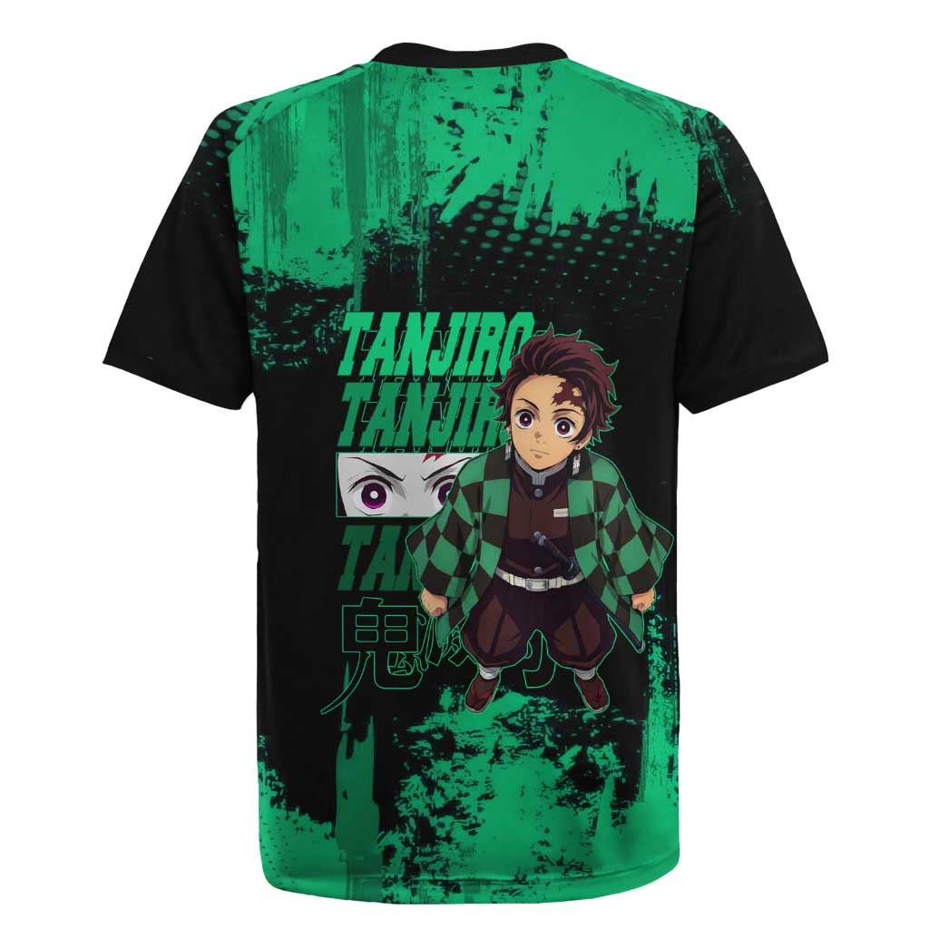 Tanjiro Kamado Demon Slayer Green Grunge Design Rugby Jersey with Determined Eyes and Classic Checkered Haori - The Mazicc
