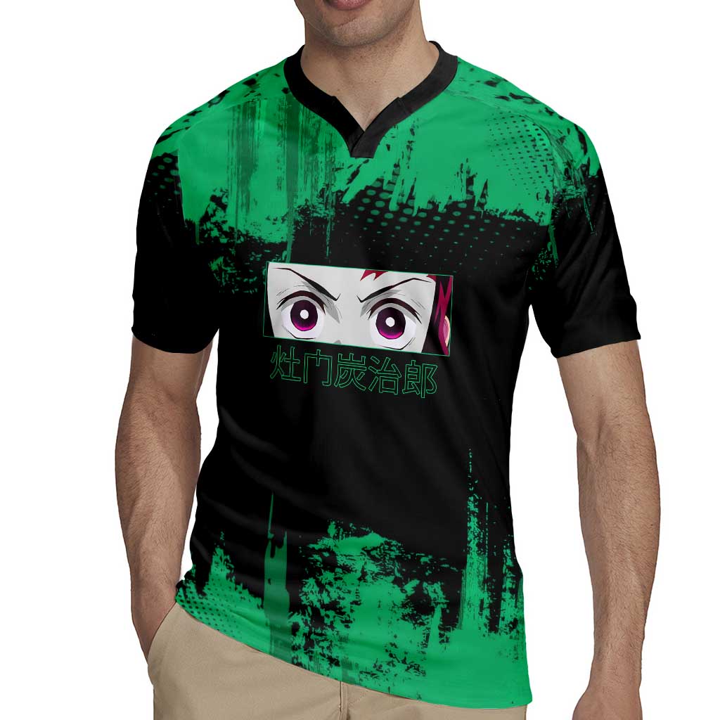 Tanjiro Kamado Demon Slayer Green Grunge Design Rugby Jersey with Determined Eyes and Classic Checkered Haori - The Mazicc