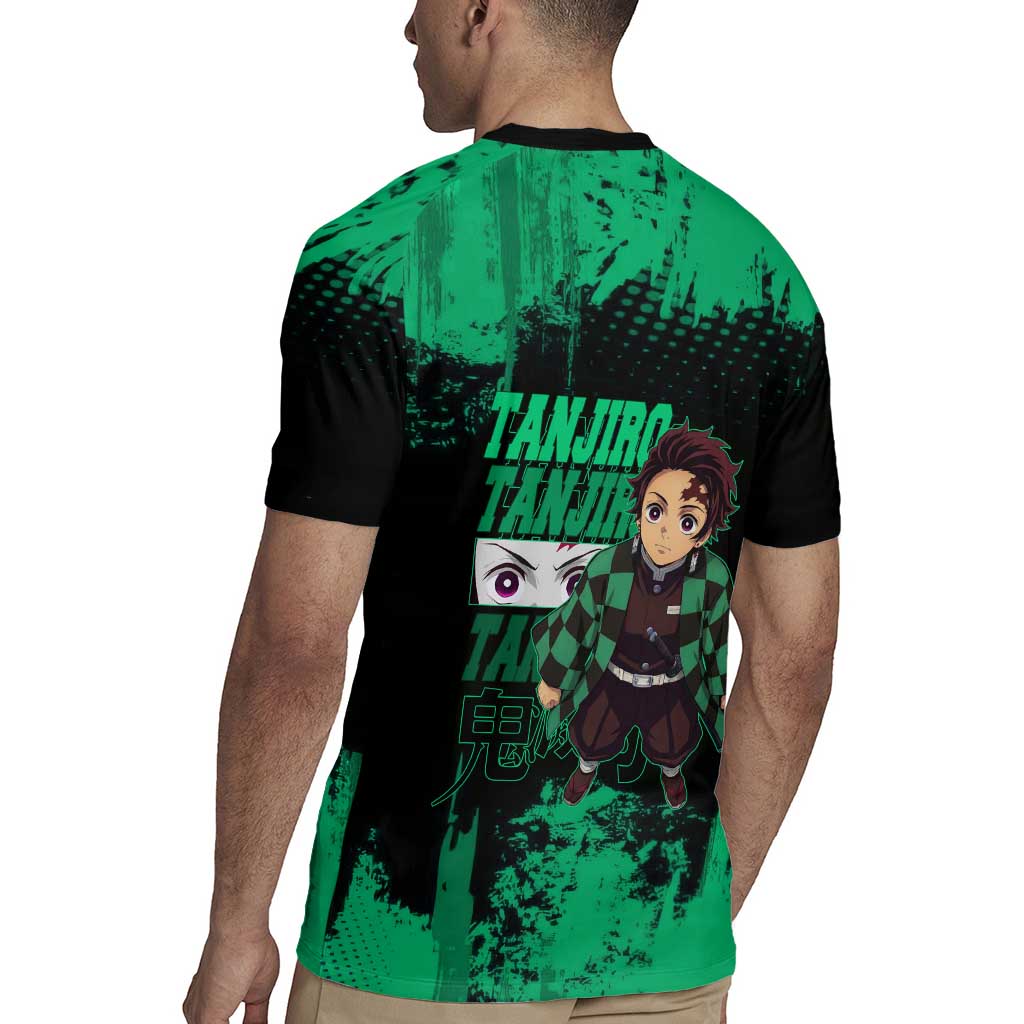 Tanjiro Kamado Demon Slayer Green Grunge Design Rugby Jersey with Determined Eyes and Classic Checkered Haori - The Mazicc