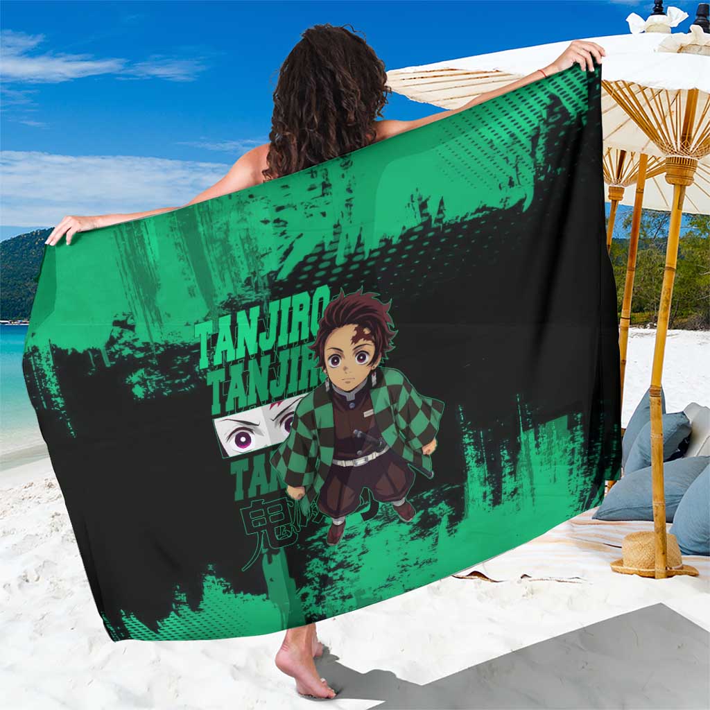 Tanjiro Kamado Demon Slayer Green Grunge Design Sarong with Determined Eyes and Classic Checkered Haori - The Mazicc