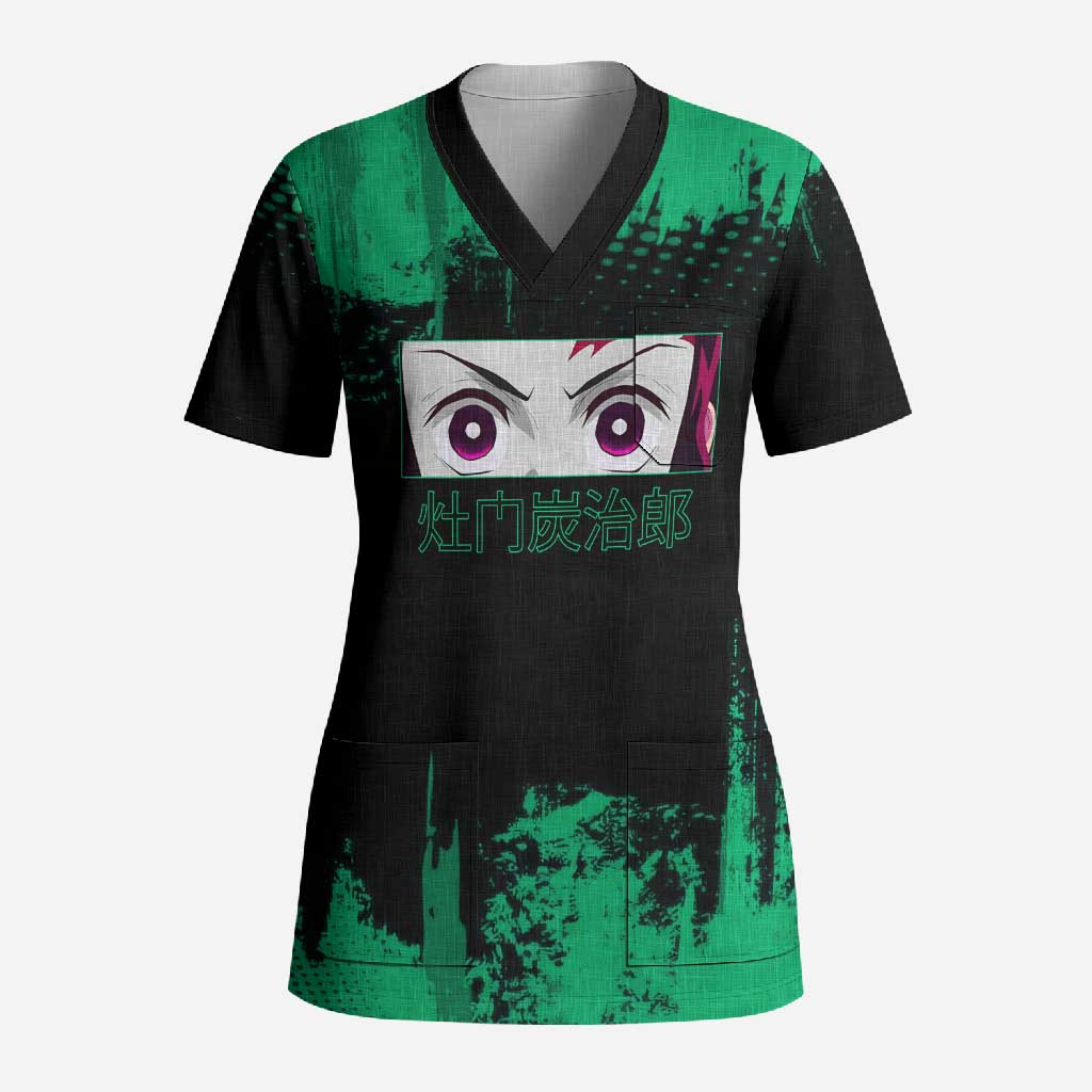 Tanjiro Kamado Demon Slayer Green Grunge Design Scrub Top with Determined Eyes and Classic Checkered Haori - The Mazicc