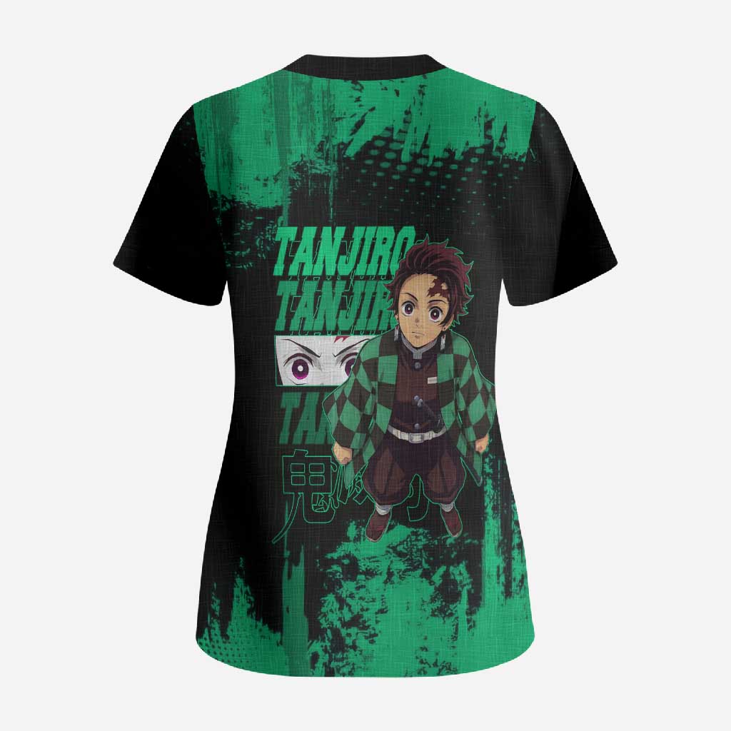 Tanjiro Kamado Demon Slayer Green Grunge Design Scrub Top with Determined Eyes and Classic Checkered Haori - The Mazicc