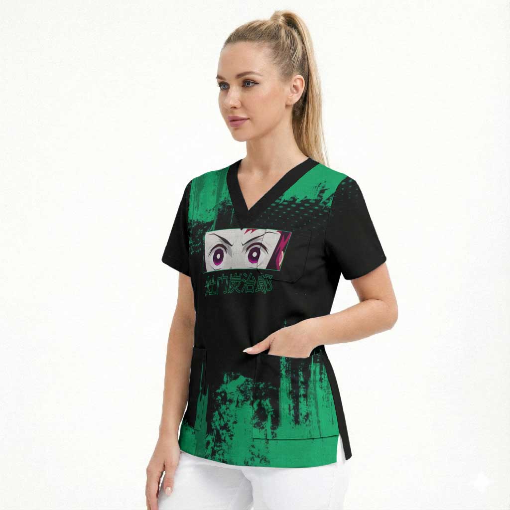 Tanjiro Kamado Demon Slayer Green Grunge Design Scrub Top with Determined Eyes and Classic Checkered Haori - The Mazicc