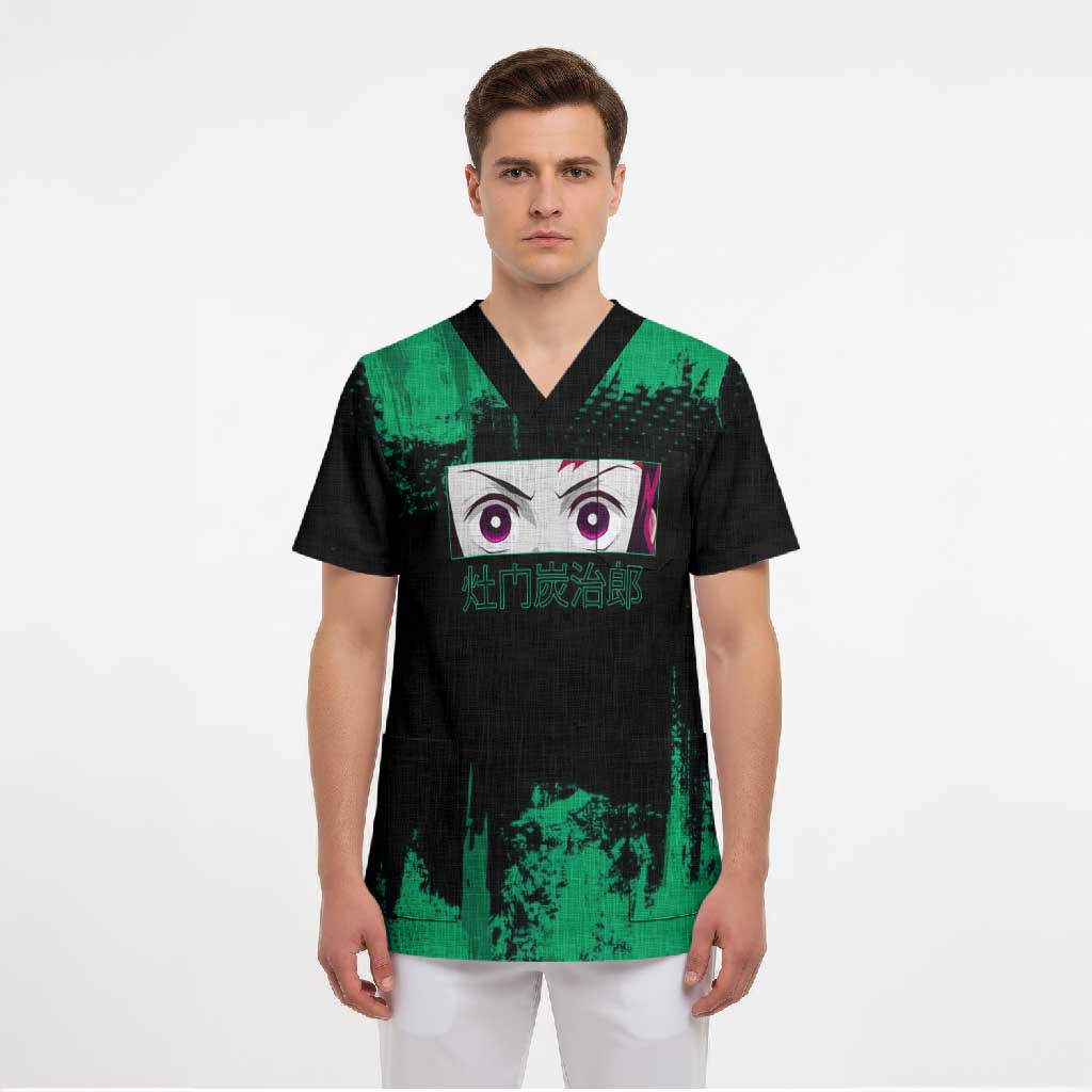 Tanjiro Kamado Demon Slayer Green Grunge Design Scrub Top with Determined Eyes and Classic Checkered Haori - The Mazicc