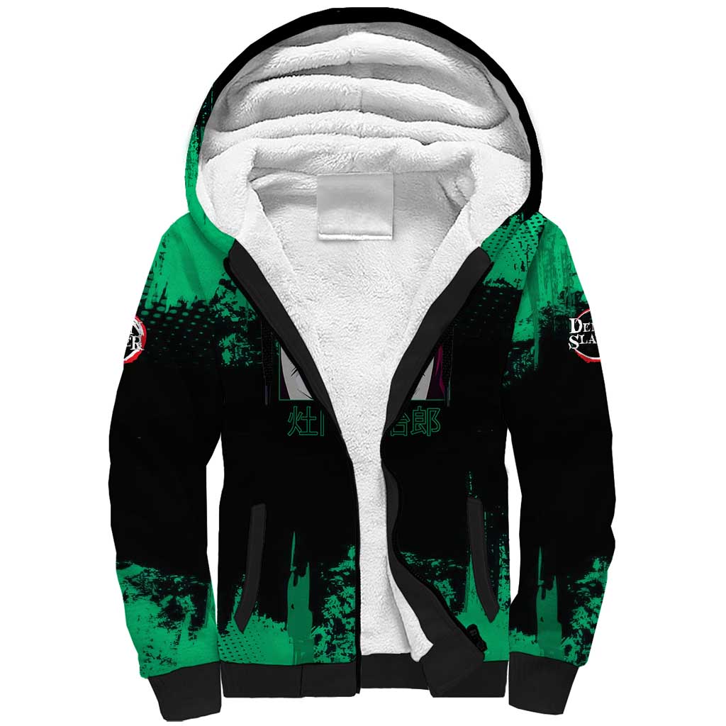 Tanjiro Kamado Demon Slayer Green Grunge Design Sherpa Hoodie with Determined Eyes and Classic Checkered Haori - The Mazicc