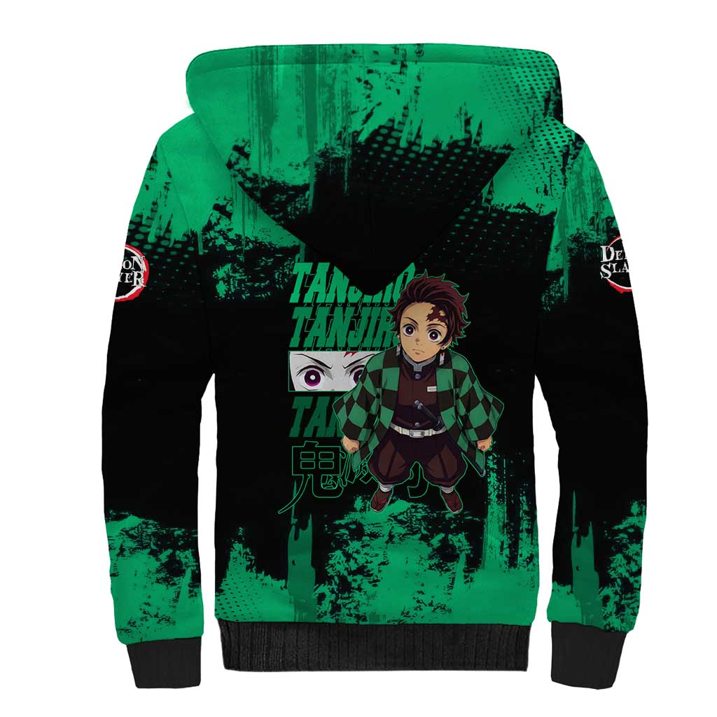 Tanjiro Kamado Demon Slayer Green Grunge Design Sherpa Hoodie with Determined Eyes and Classic Checkered Haori - The Mazicc