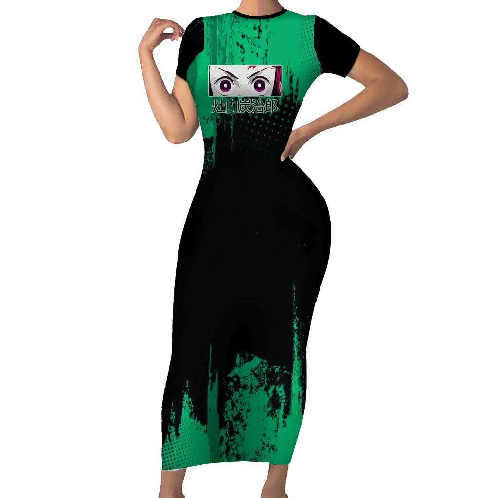 Tanjiro Kamado Demon Slayer Green Grunge Design Short Sleeve Bodycon Dress with Determined Eyes and Classic Checkered Haori - The Mazicc