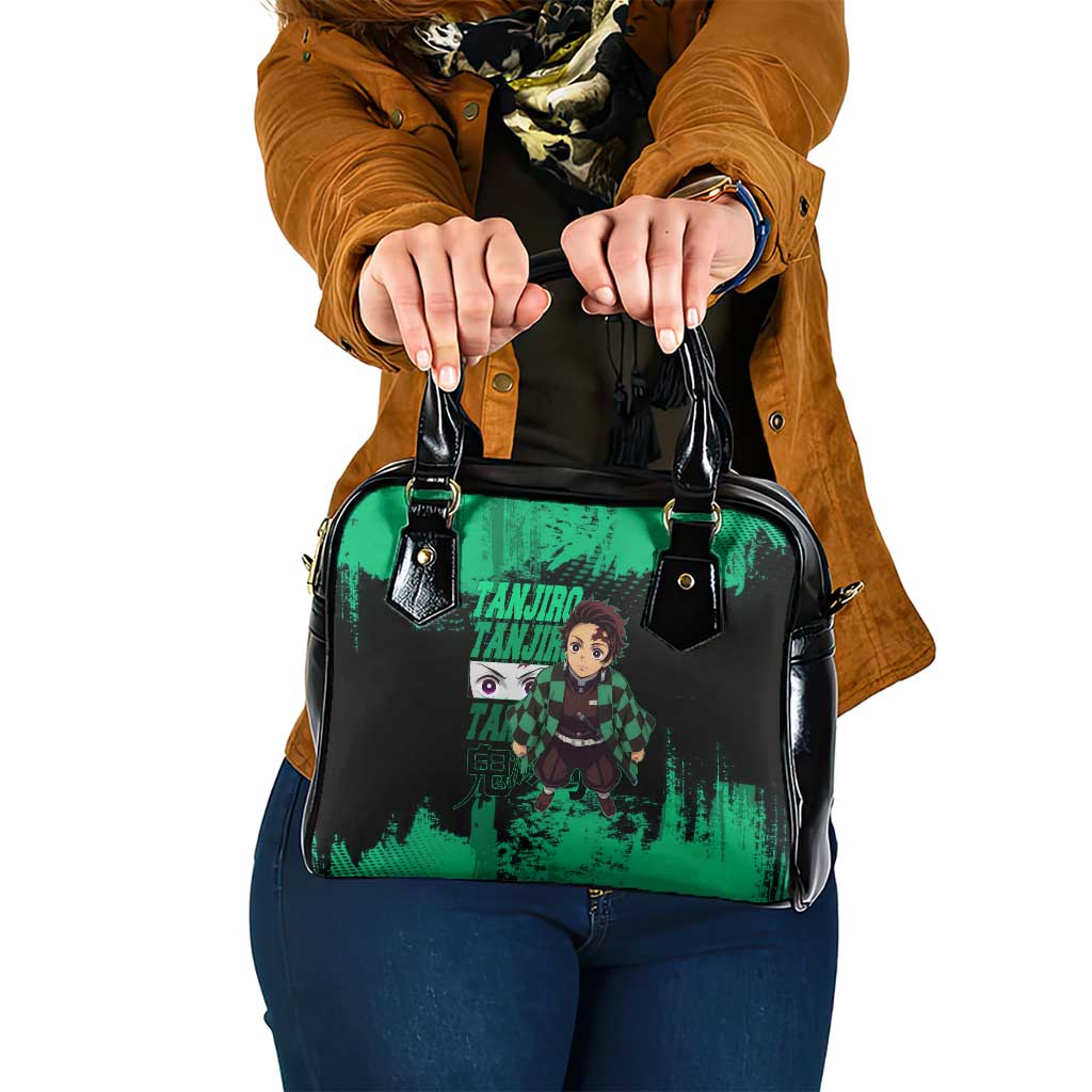 Tanjiro Kamado Demon Slayer Green Grunge Design Shoulder Handbag with Determined Eyes and Classic Checkered Haori - The Mazicc