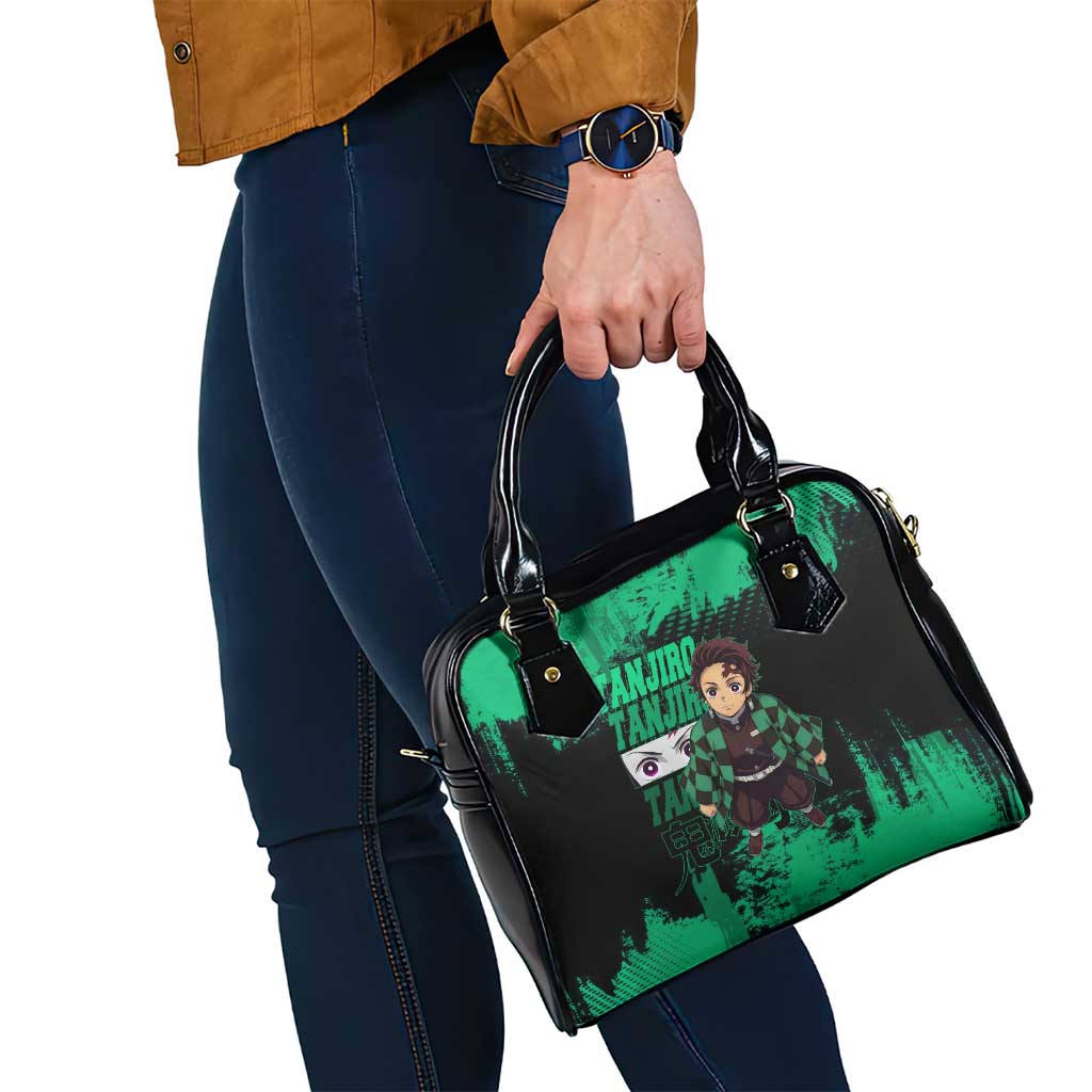 Tanjiro Kamado Demon Slayer Green Grunge Design Shoulder Handbag with Determined Eyes and Classic Checkered Haori - The Mazicc