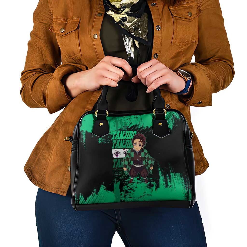 Tanjiro Kamado Demon Slayer Green Grunge Design Shoulder Handbag with Determined Eyes and Classic Checkered Haori - The Mazicc