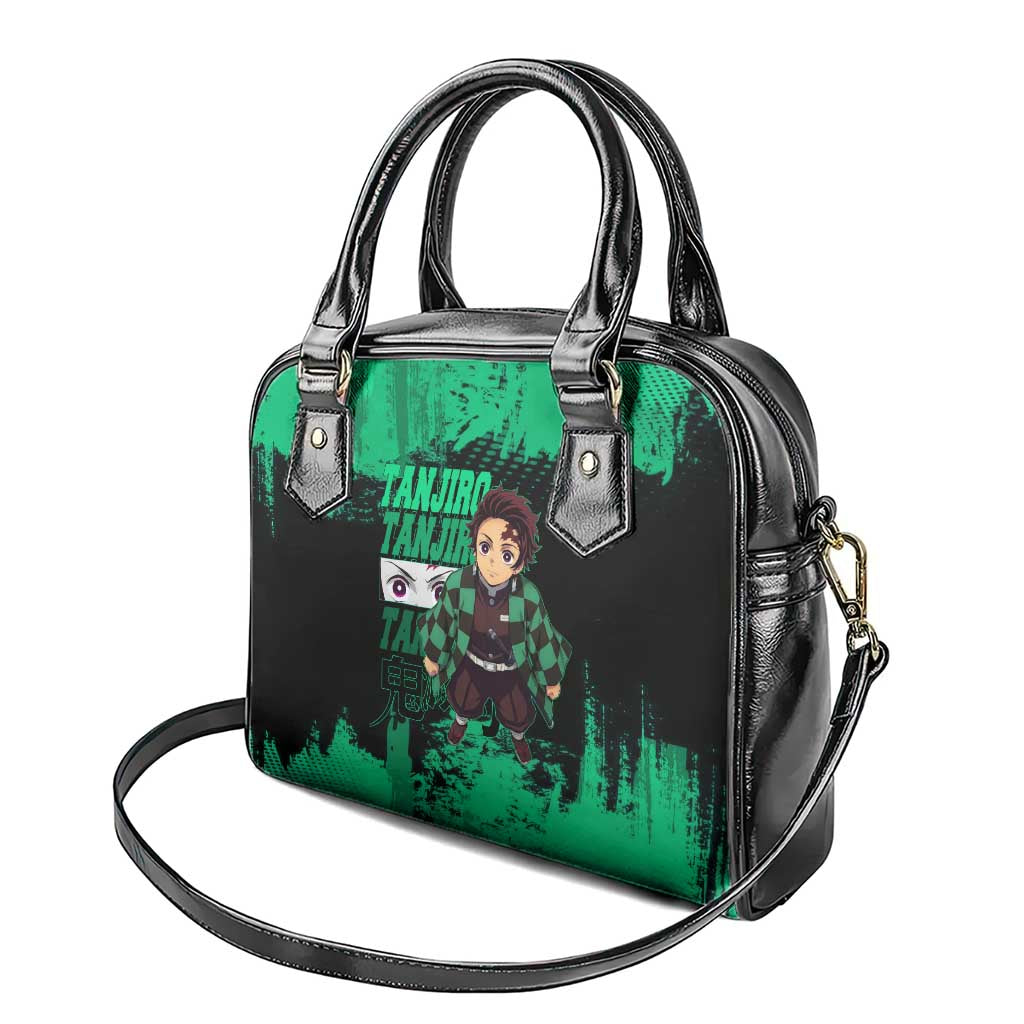 Tanjiro Kamado Demon Slayer Green Grunge Design Shoulder Handbag with Determined Eyes and Classic Checkered Haori - The Mazicc