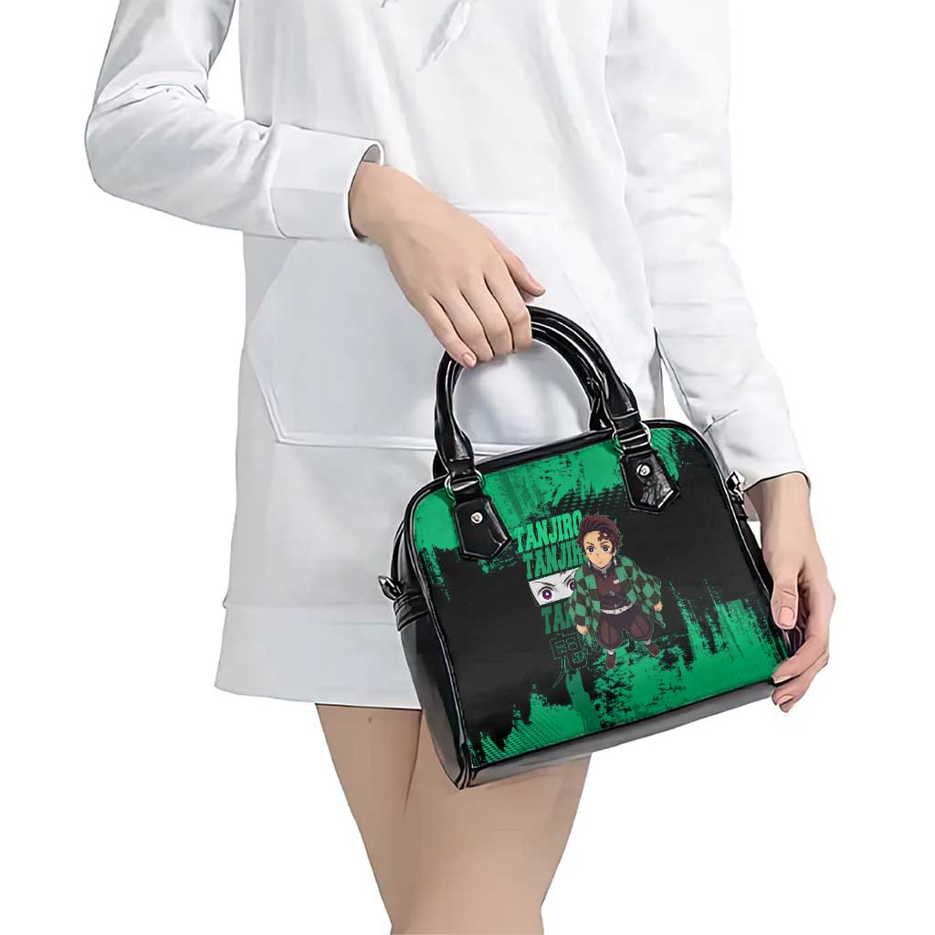 Tanjiro Kamado Demon Slayer Green Grunge Design Shoulder Handbag with Determined Eyes and Classic Checkered Haori - The Mazicc